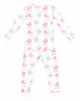 White two-piece pajama set with pink baby carriage pattern made with pima cotton - back view