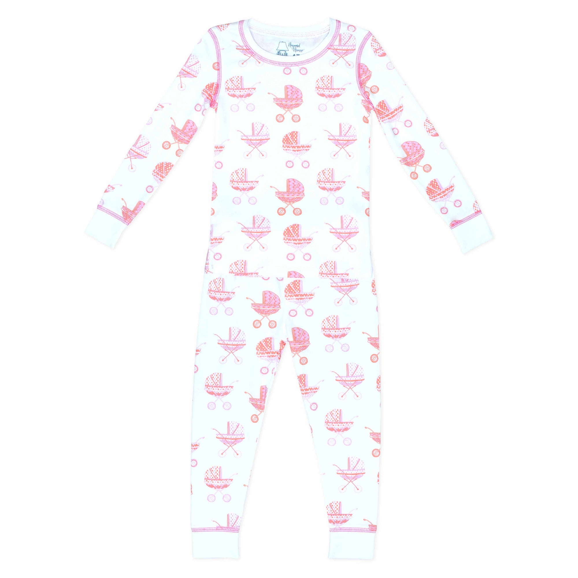 White two-piece pajama set with pink baby carriage pattern made with pima cotton