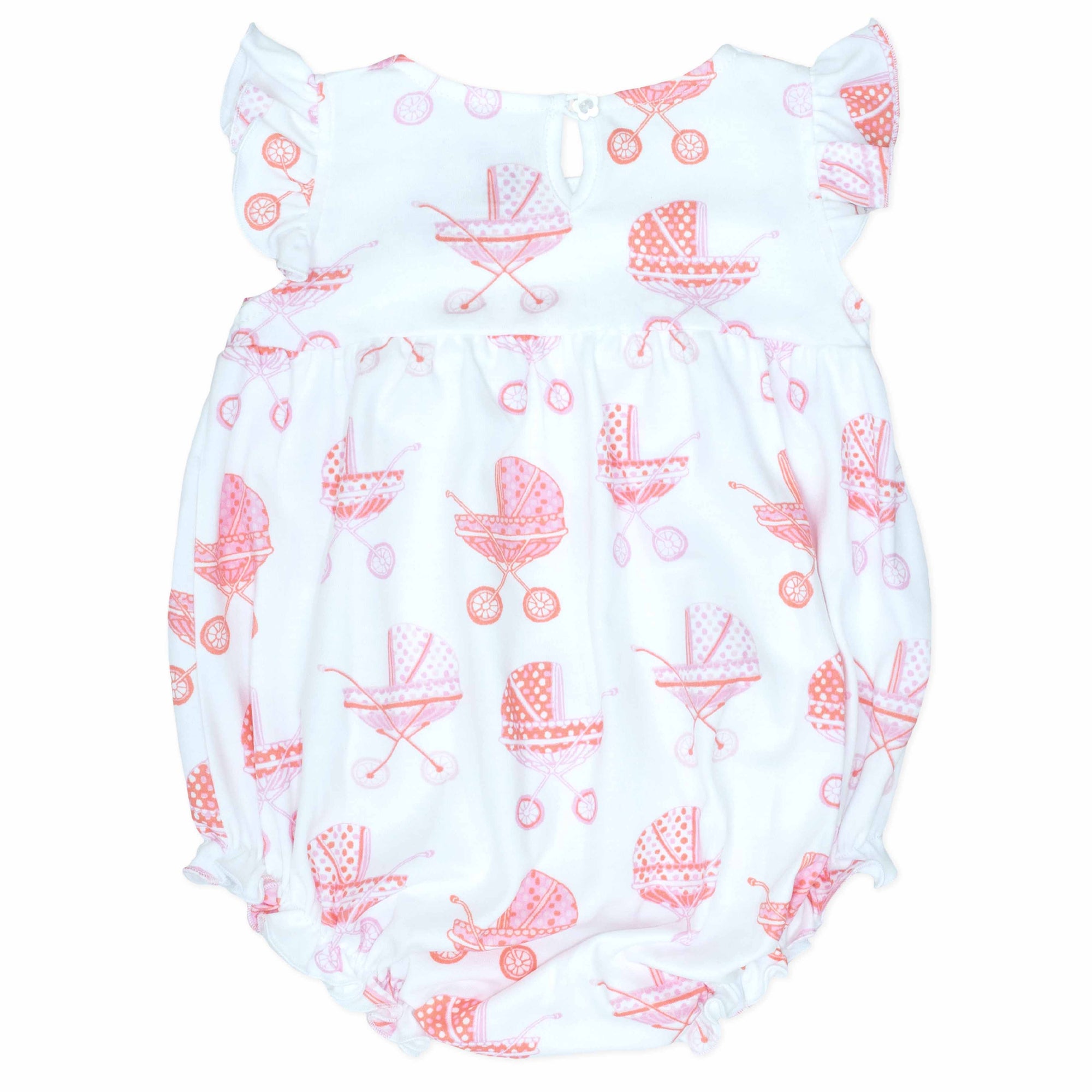 back view white girls bubble with smock and vintage-inspired baby carriage pattern made in pima cotton