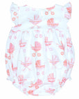 back view white girls bubble with smock and vintage-inspired baby carriage pattern made in pima cotton