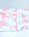 another detailed view white girls bubble with smock and vintage-inspired baby carriage pattern made in pima cotton