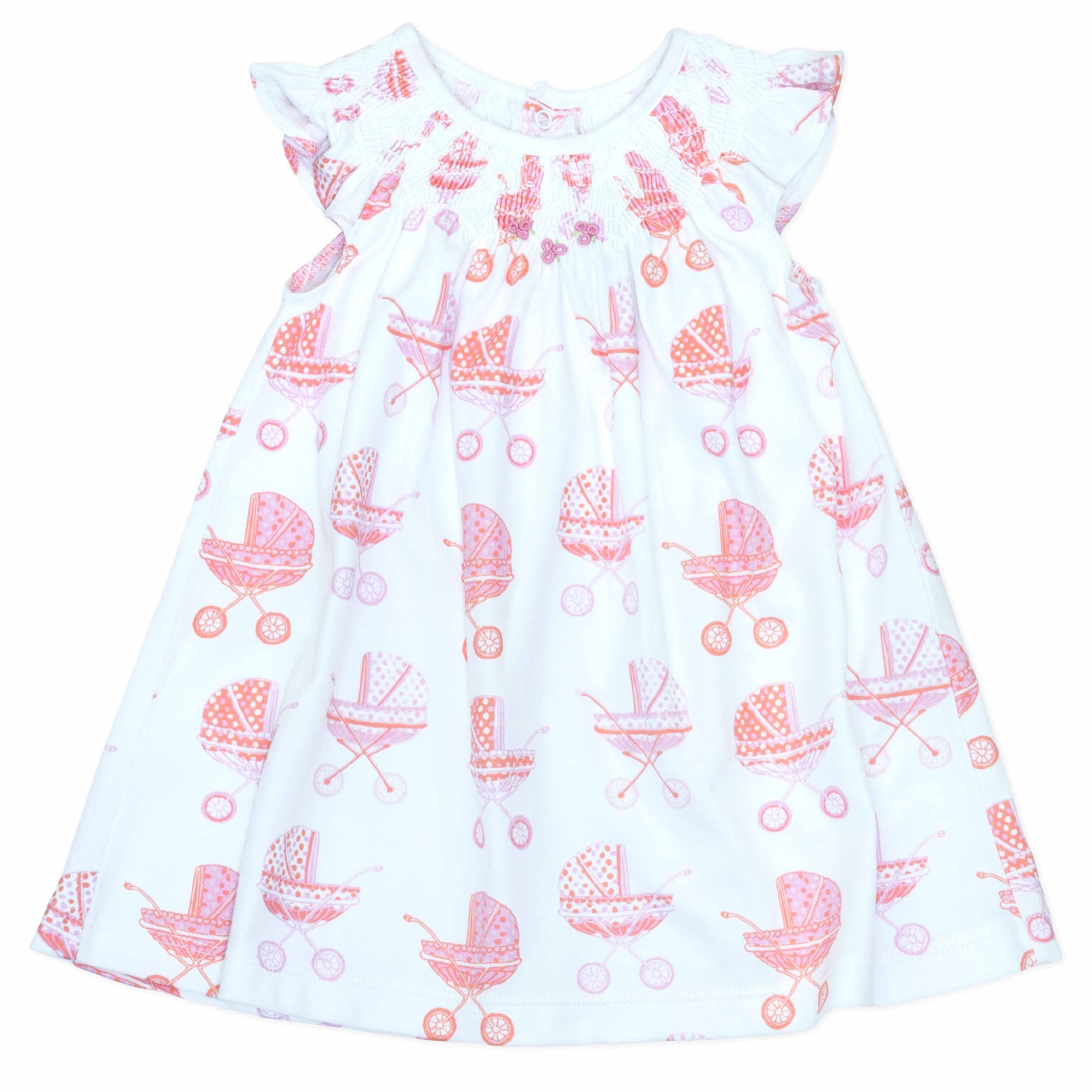 white girls dress with smock and vintage-inspired baby carriage pattern made in pima cotton