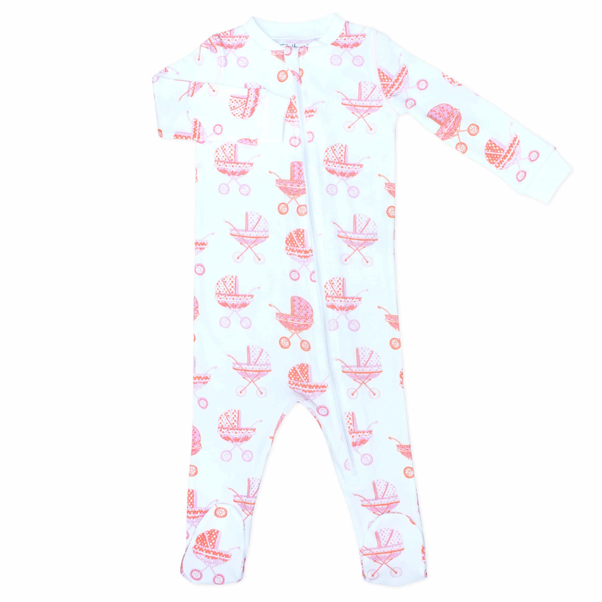White footed pajama with vintage baby carriage pattern made in pima cotton