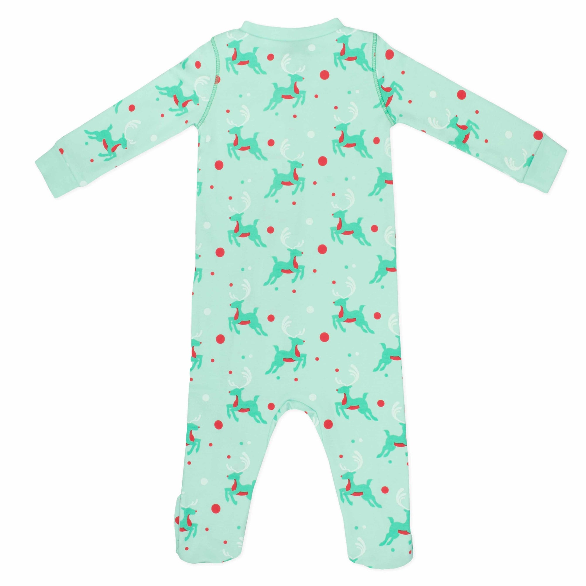 Mint green footed pajama with Christmas Reindeer pattern made in pima cotton - back view
