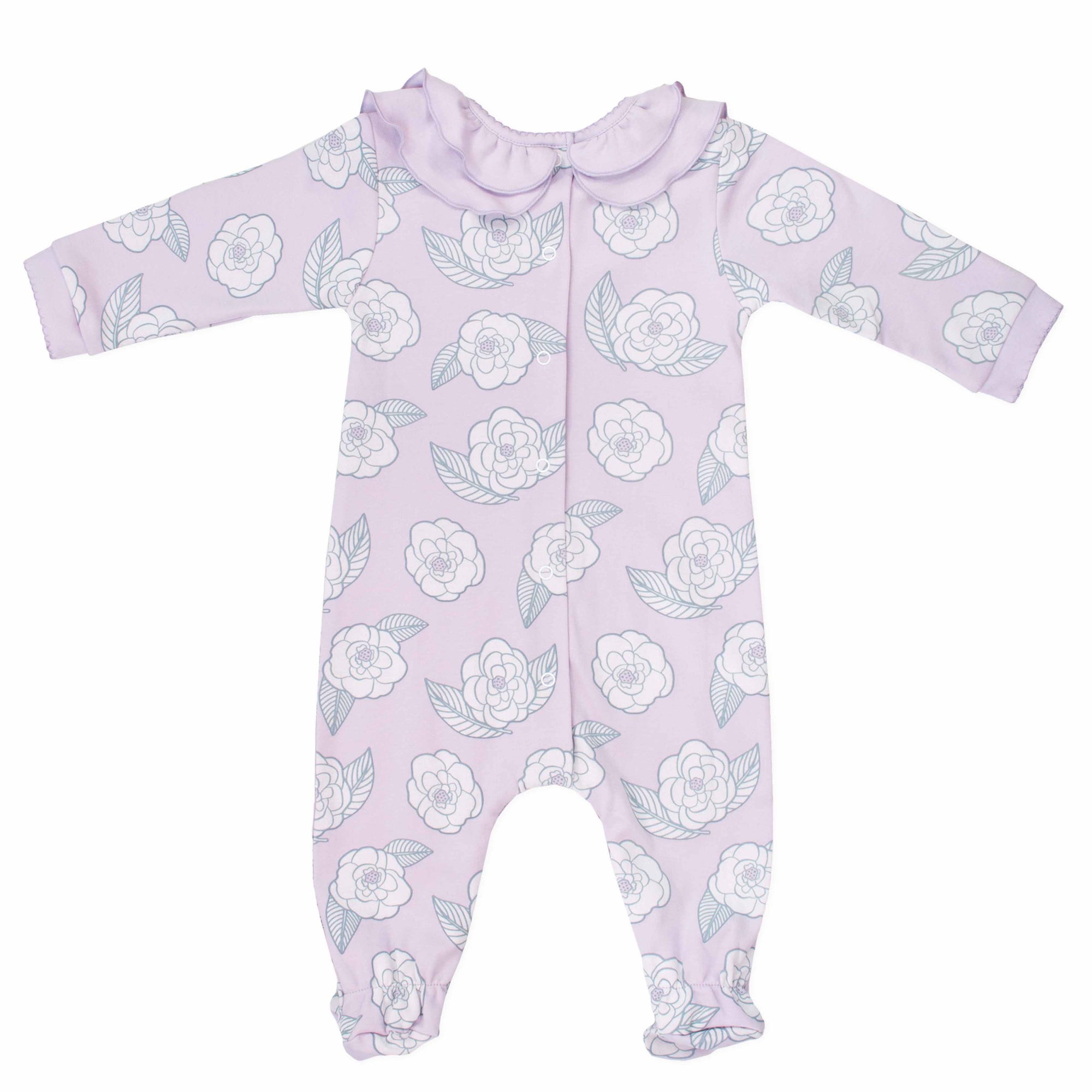 pink girls playsuit with classic ruffled collar and camellia flower pattern made in pima cotton - back view