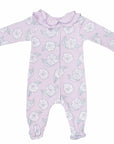 pink girls playsuit with classic ruffled collar and camellia flower pattern made in pima cotton - back view