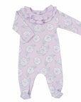 pink girls playsuit with classic ruffled collar and camellia flower pattern made in pima cotton