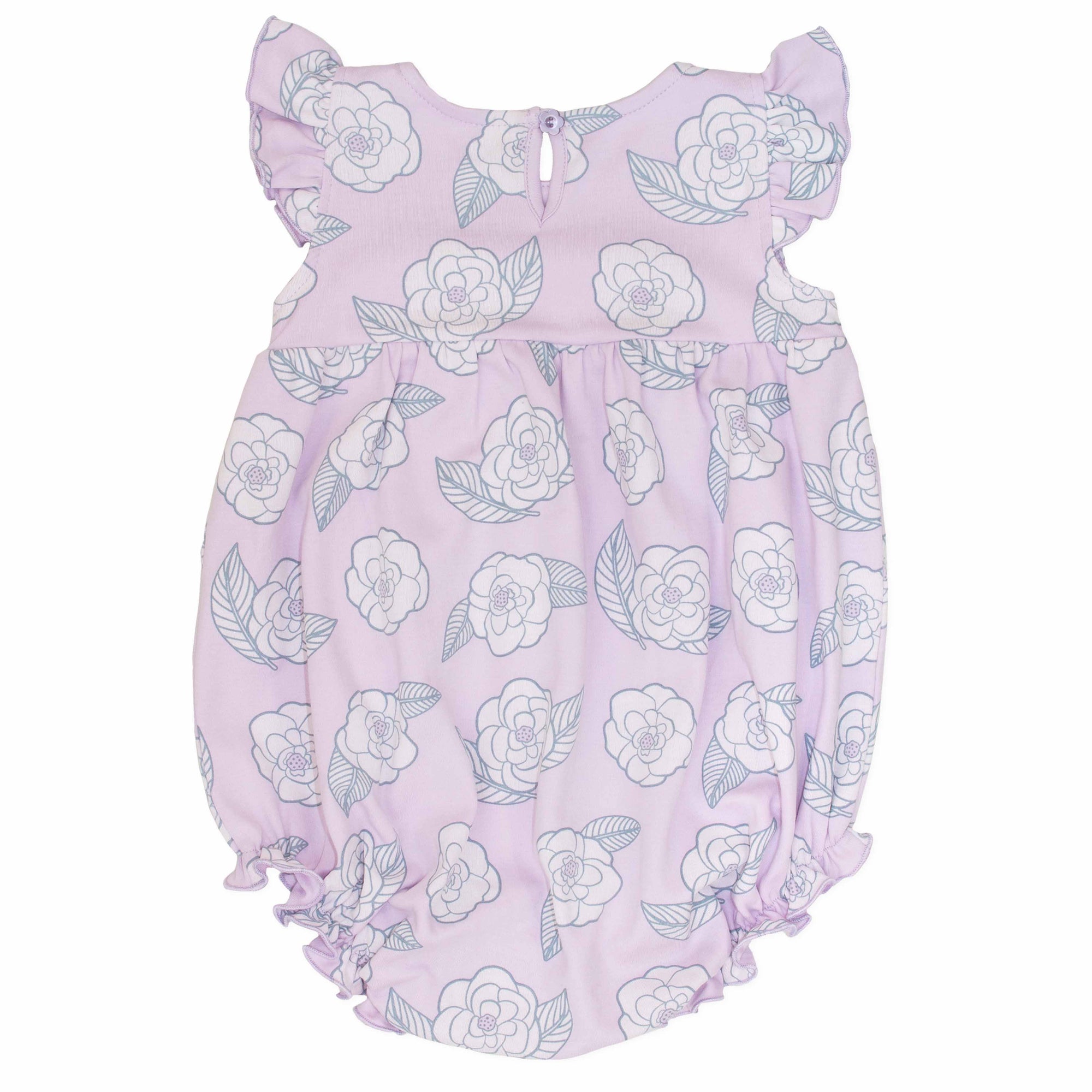 back view pink girls bubble with smock and camellia flower pattern made in pima cotton