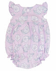back view pink girls bubble with smock and camellia flower pattern made in pima cotton