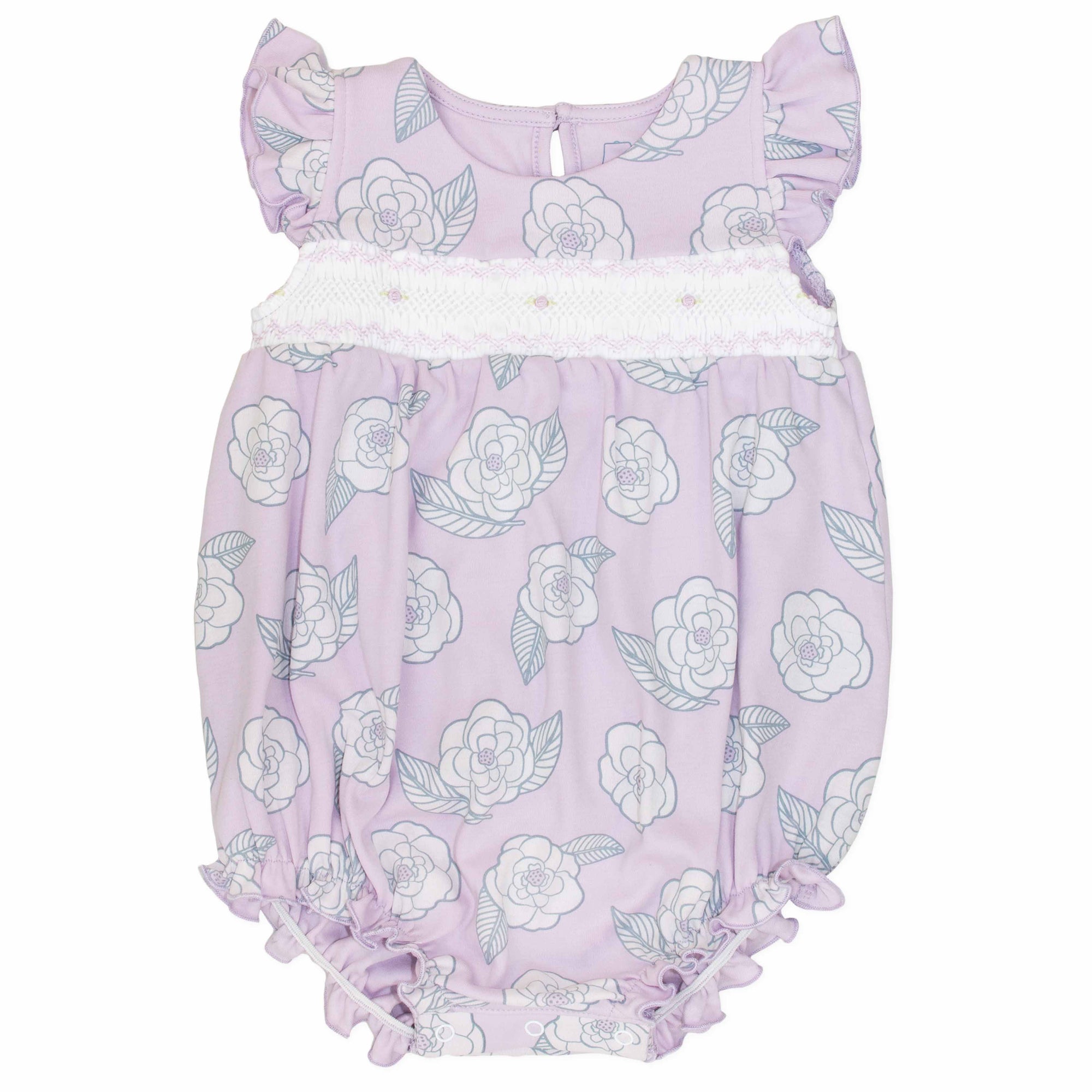 pink girls bubble with smock and camellia flower pattern made in pima cotton