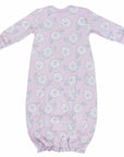 Pink infant gown with camellia flower pattern made in pima cotton - back view
