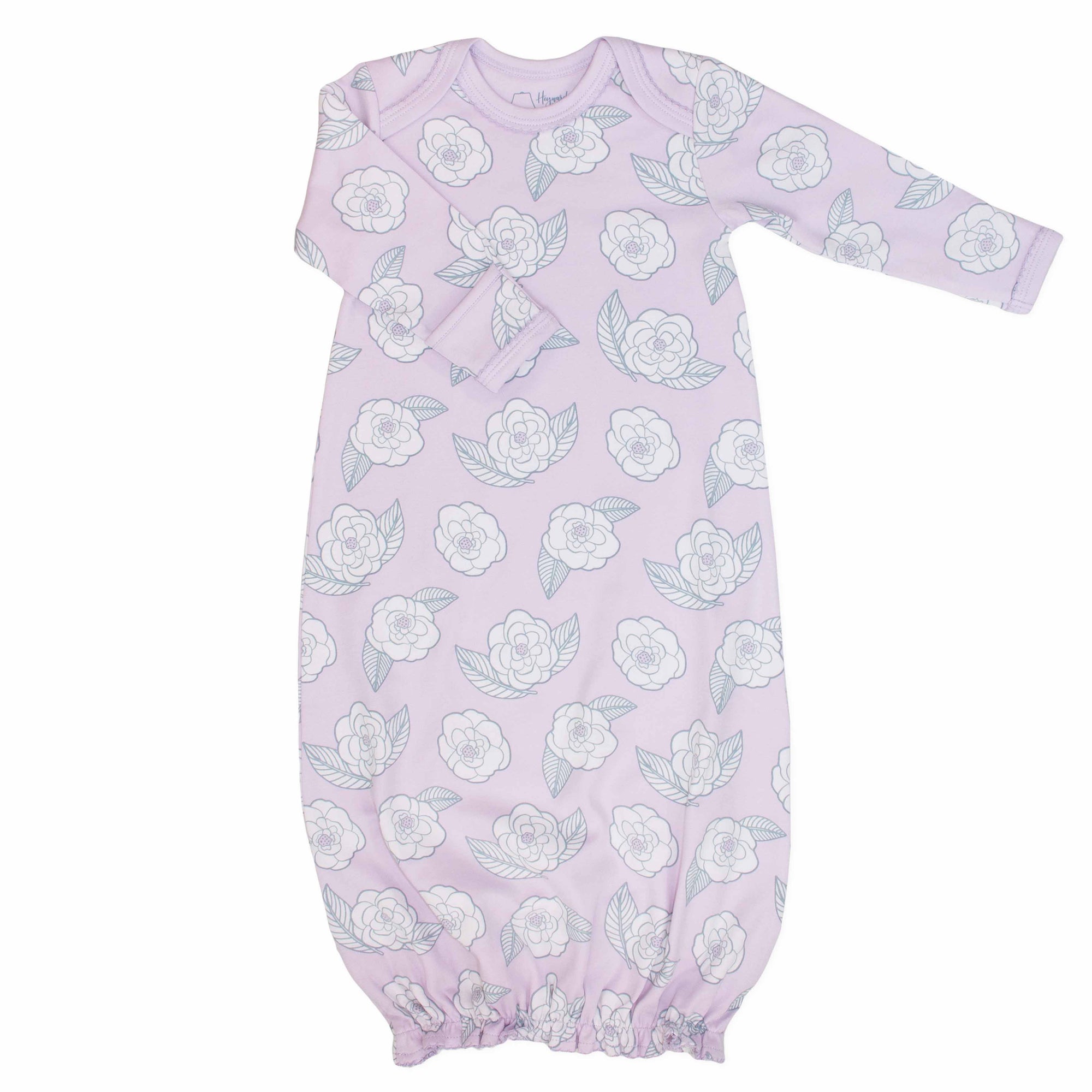 Pink infant gown with camellia flower pattern made in pima cotton