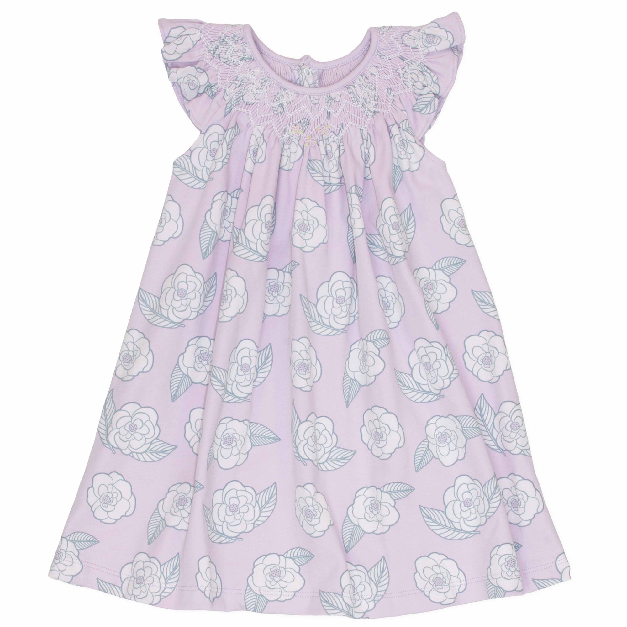 pink girls dress with smock and camellia flower pattern made in pima cotton
