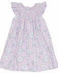 pink girls dress with smock and camellia flower pattern made in pima cotton