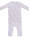 pink footed pajama with camellia flower pattern made in pima cotton - back view