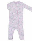 pink footed pajama with camellia flower pattern made in pima cotton