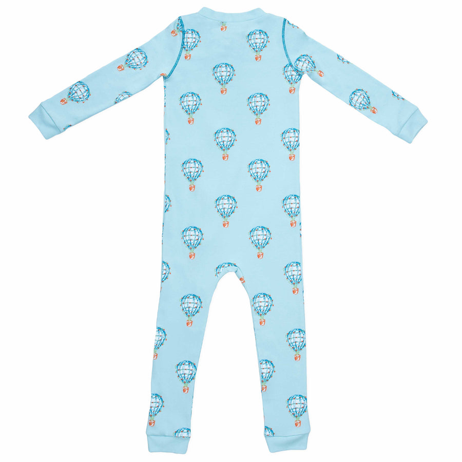 Light blue zippered pajama with hot air balloon pattern made in pima cotton - back view