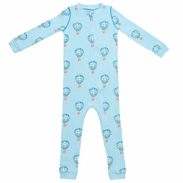 Light blue zippered pajama with hot air balloon pattern made in pima cotton