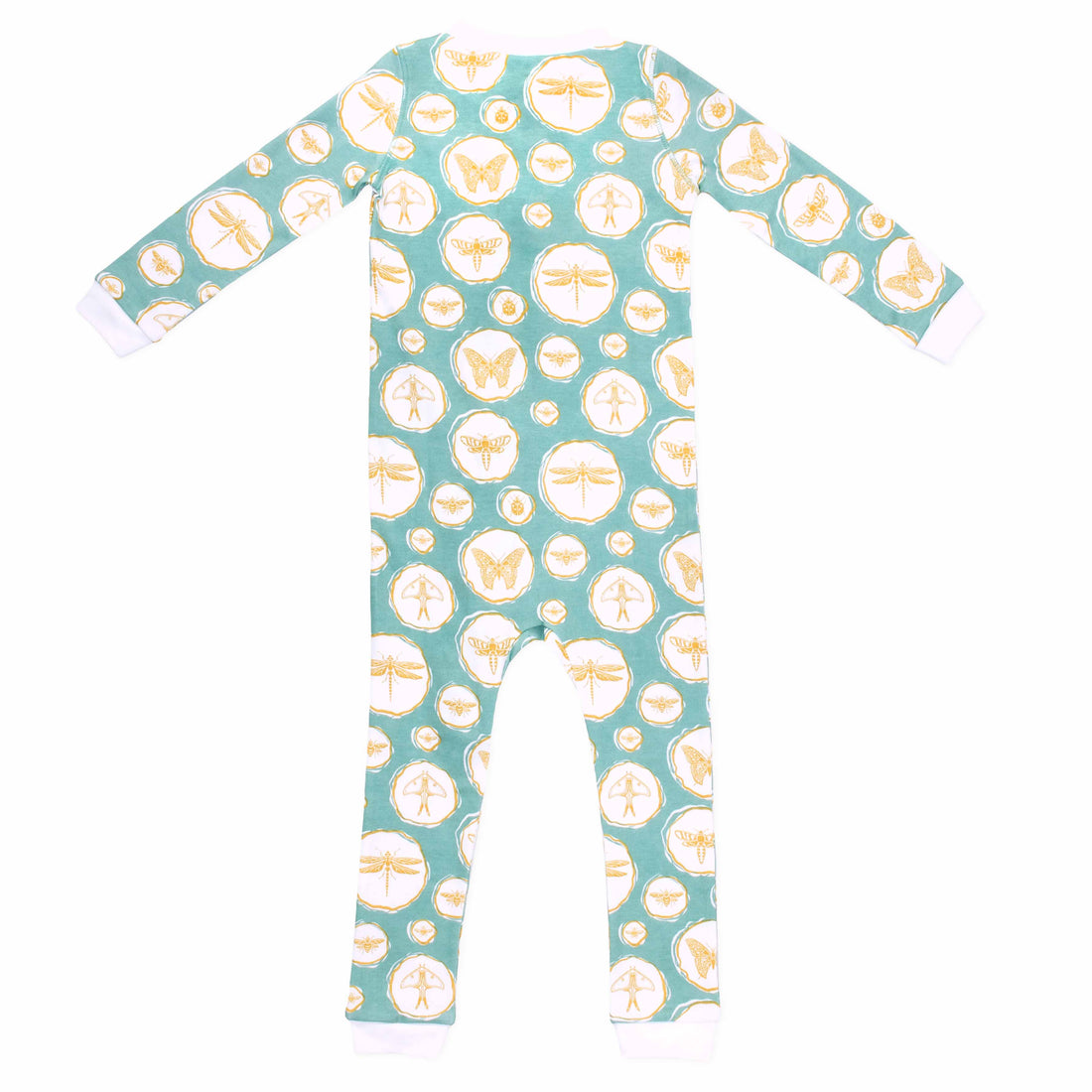 Sea Green zippered pajama with bug and insect pattern made in pima cotton - back view