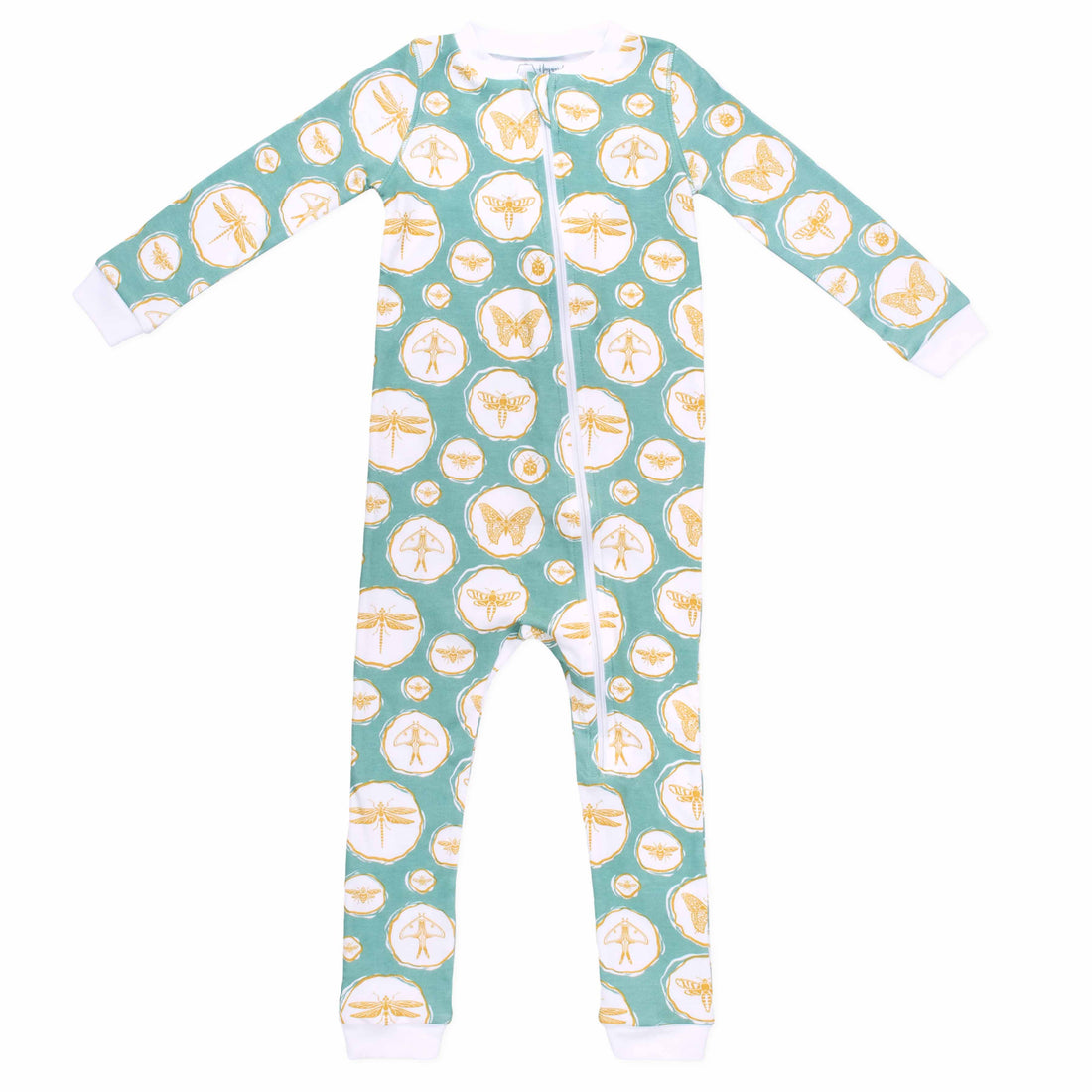 Sea green zippered pajama with bug and insect pattern made in pima cotton