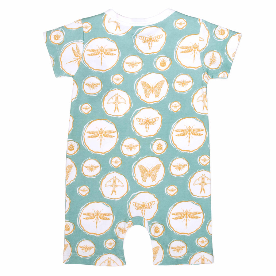 Sea green boys romper with chest pocket and bugs and insects pattern made in pima cotton - back view