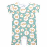 Sea green boys romper with chest pocket and bugs and insects pattern made in pima cotton