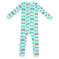 Light green zippered pajama with car pattern made in pima cotton