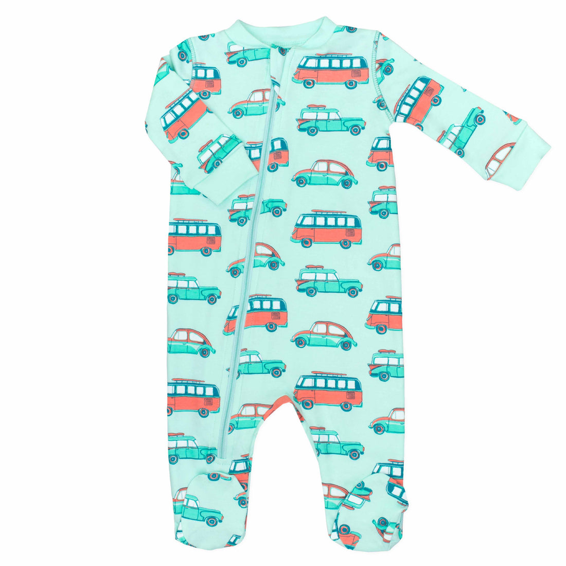 Light green footed pajama with car pattern made in pima cotton