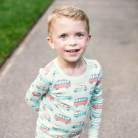 Little Boy Playing outside in Retro Cars Two Piece Heyward House Boy's Pajama Set Boy