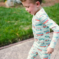 Retro Cars Two Piece Heyward House Boy's Pajama Set Boy Running Outside