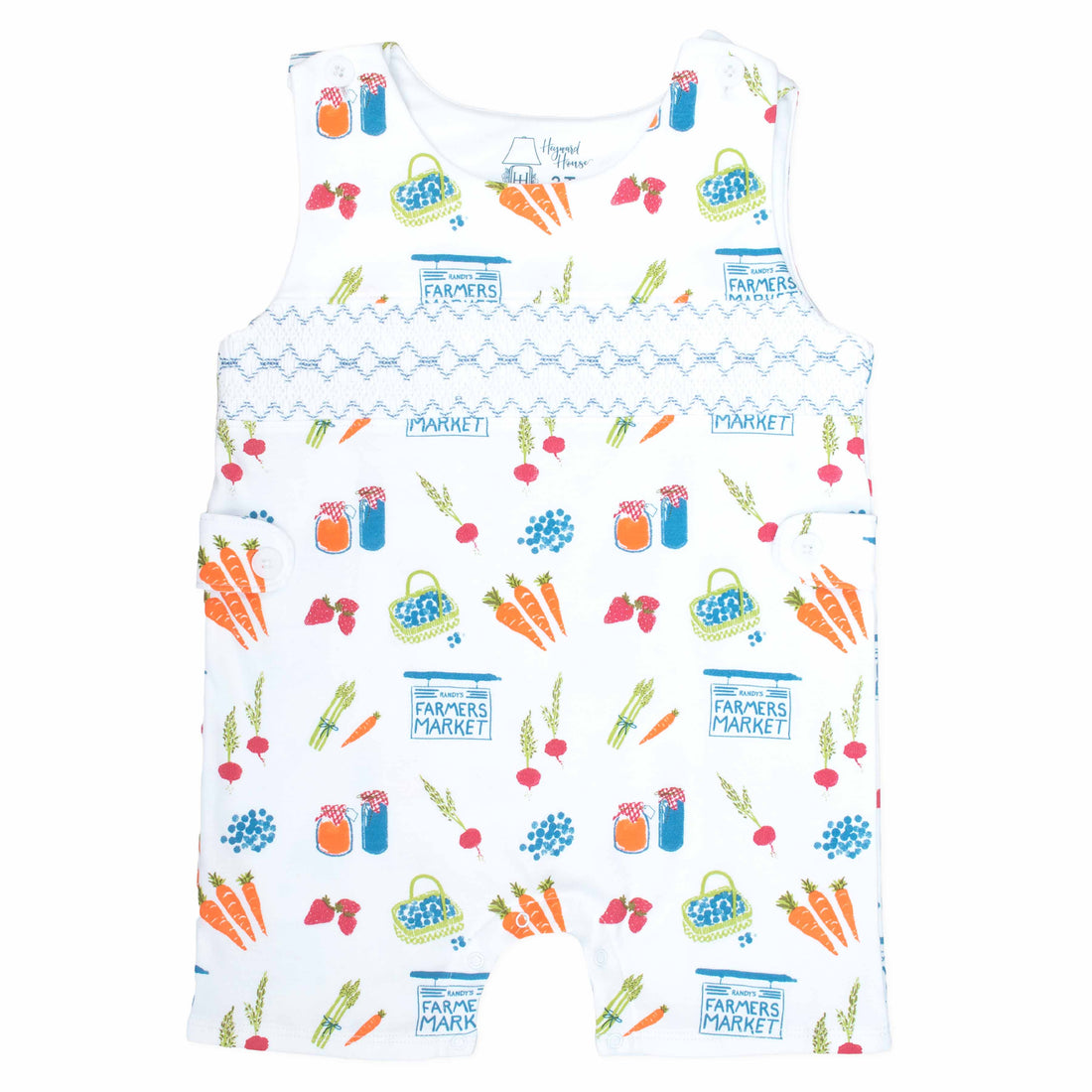 White jon-jon with smocking and fruit and vegetable pattern made in pima cotton