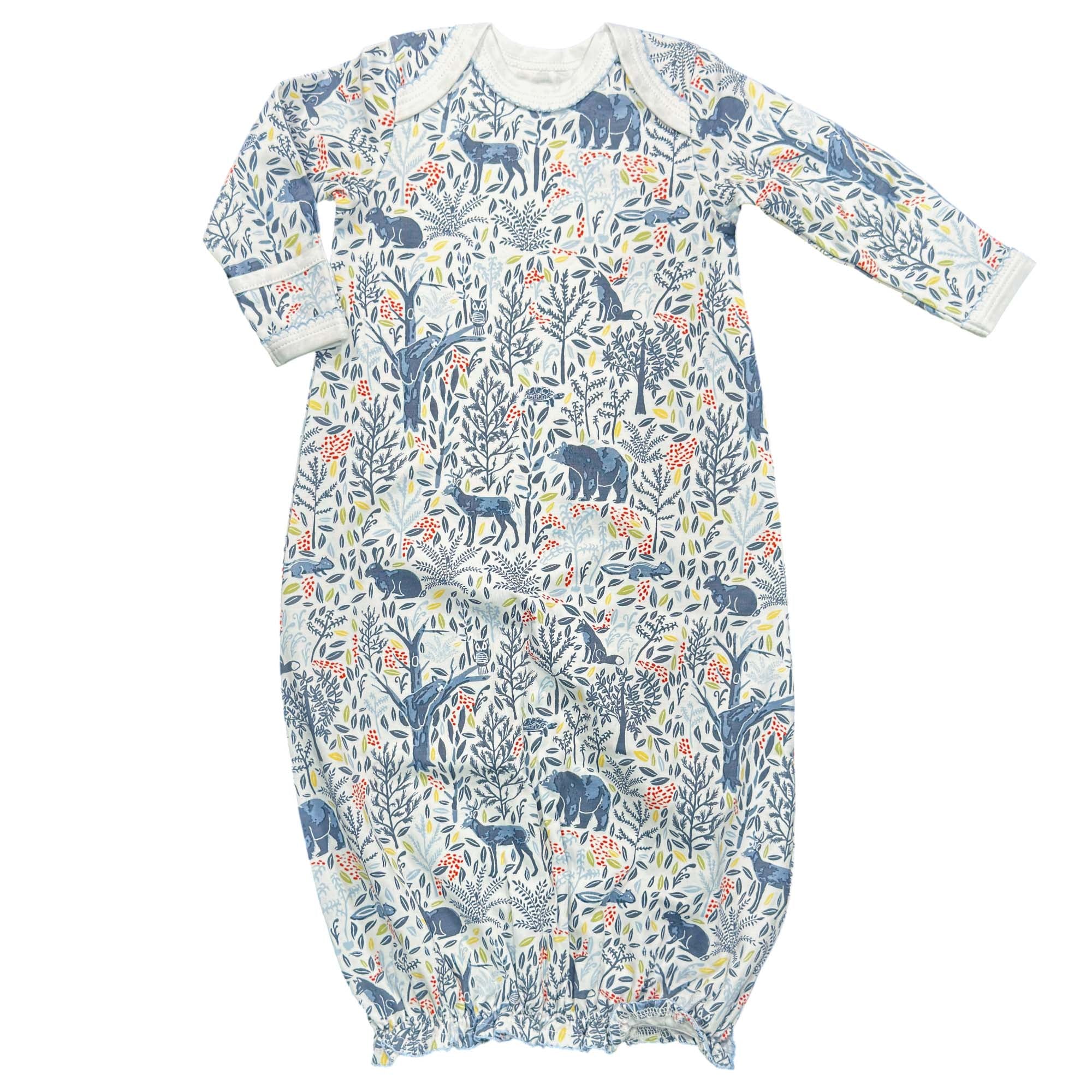 Baby gown with forest animal pattern on a white background