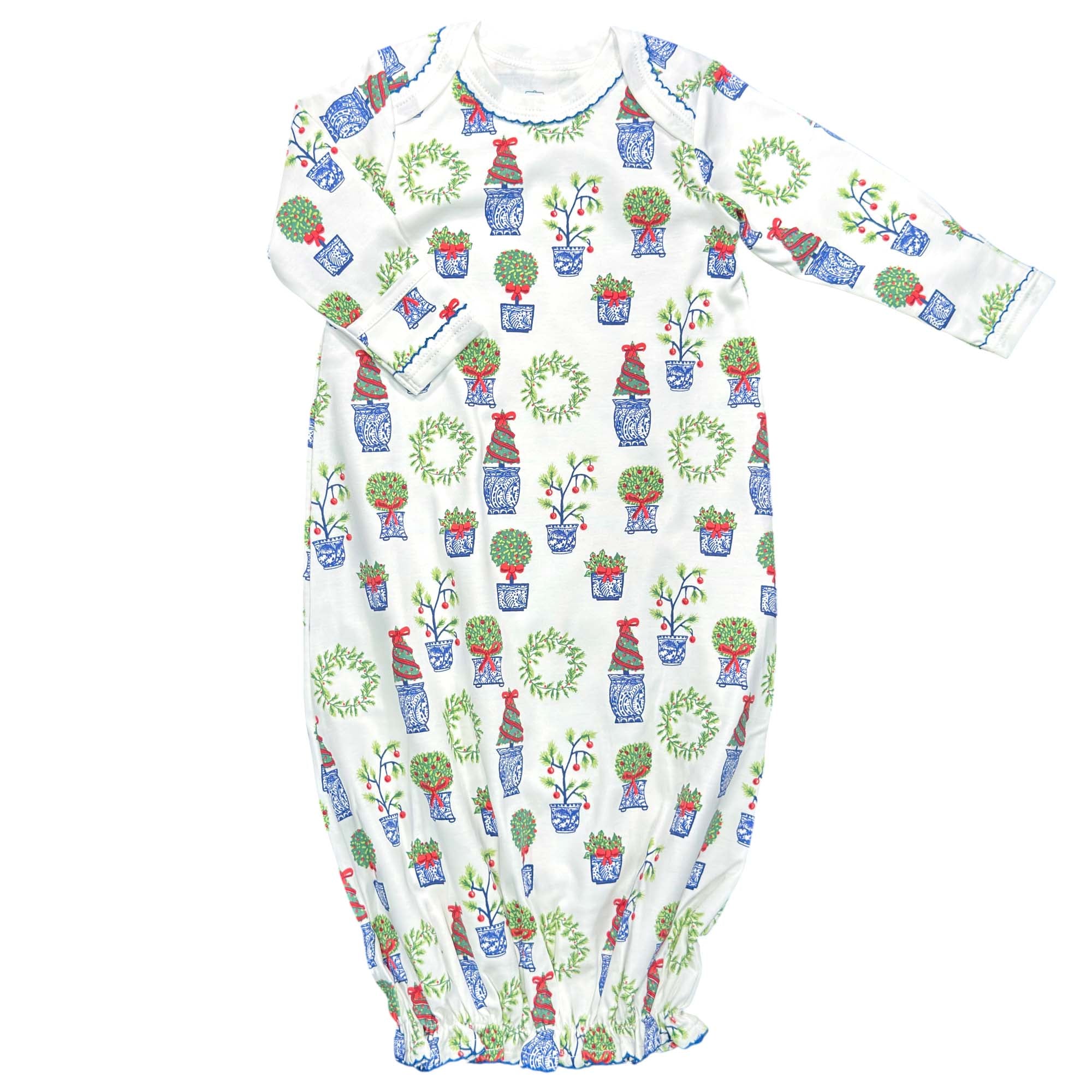 Baby gown with Christmas-themed potted plant pattern on a white background