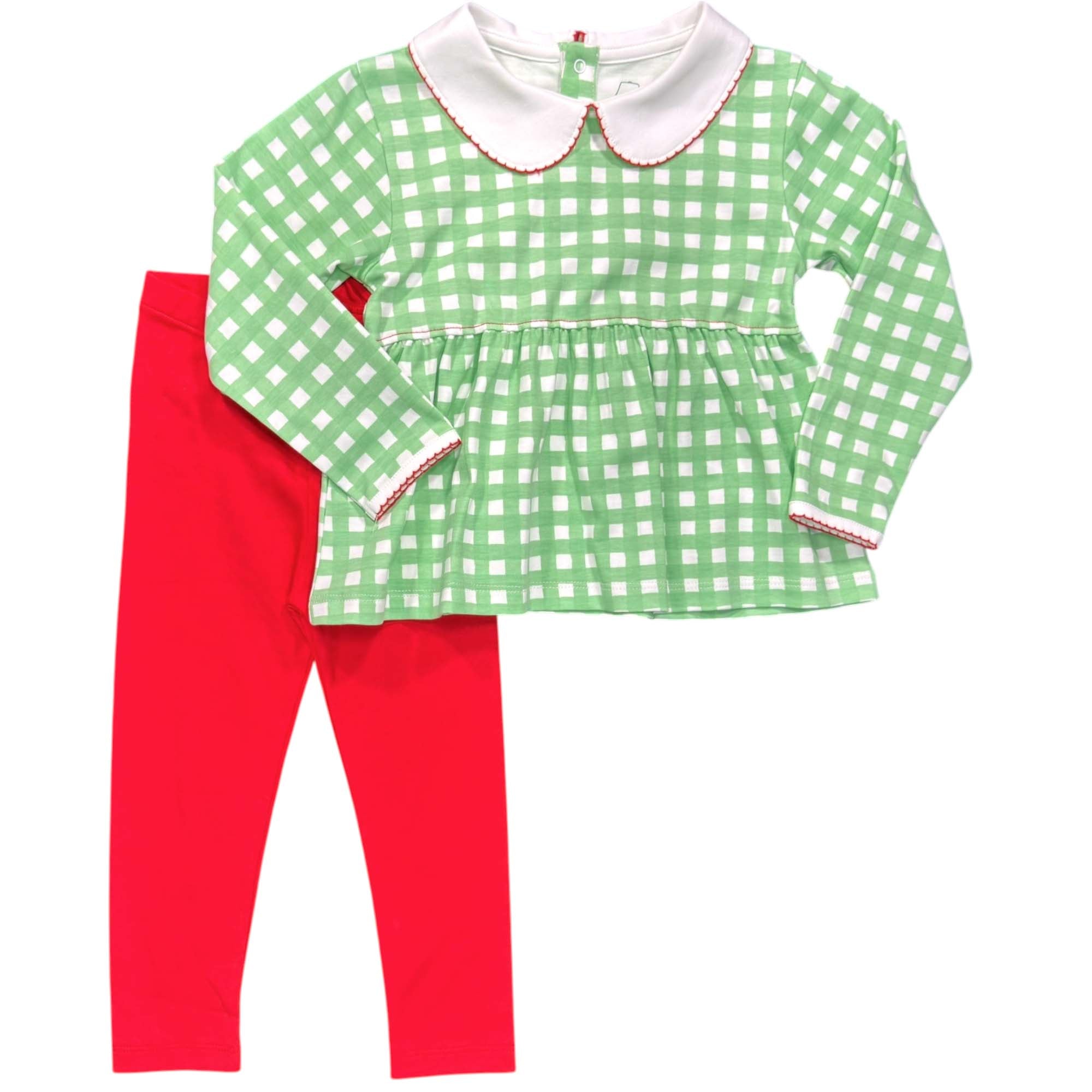 Green checkered top and red leggings set for holiday wear