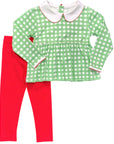 Green checkered top and red leggings set for holiday wear