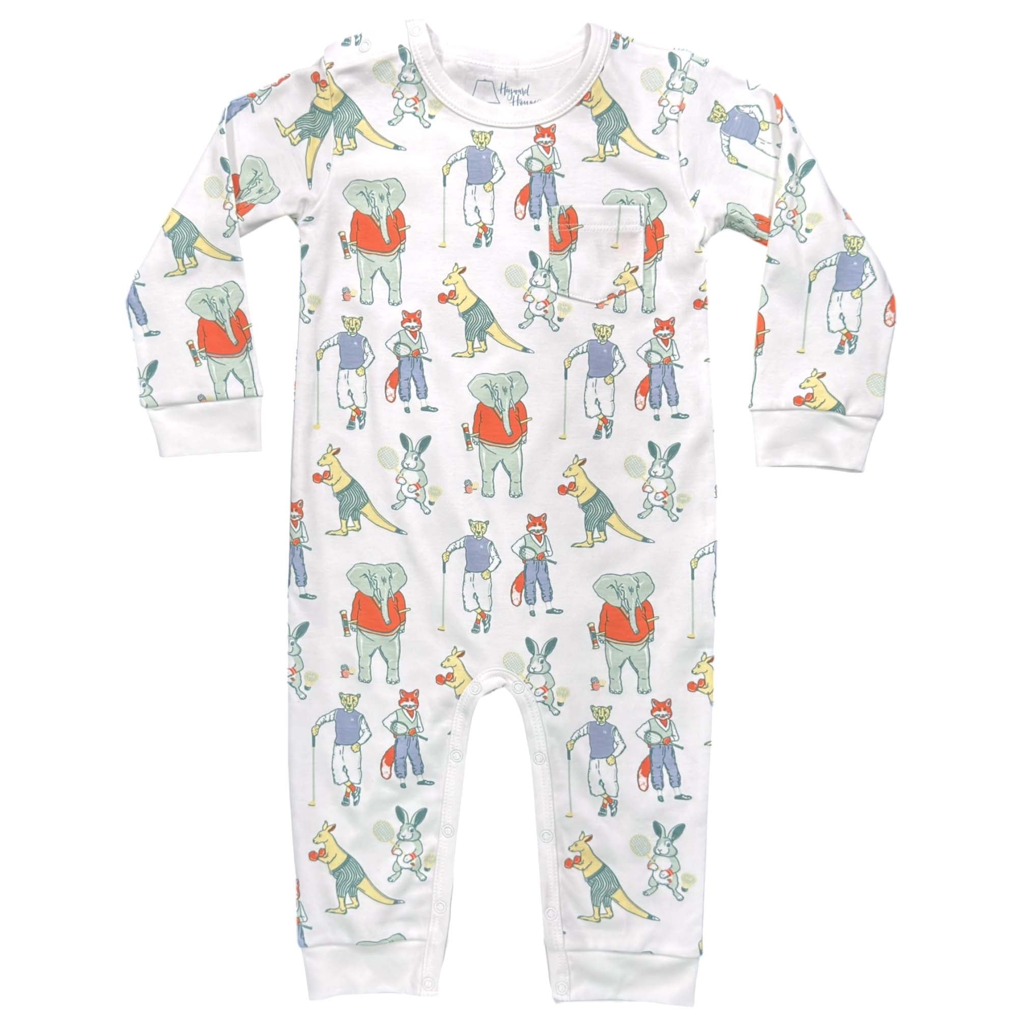 Playtime Romper with colorful animal pattern on a white background by Heyward House