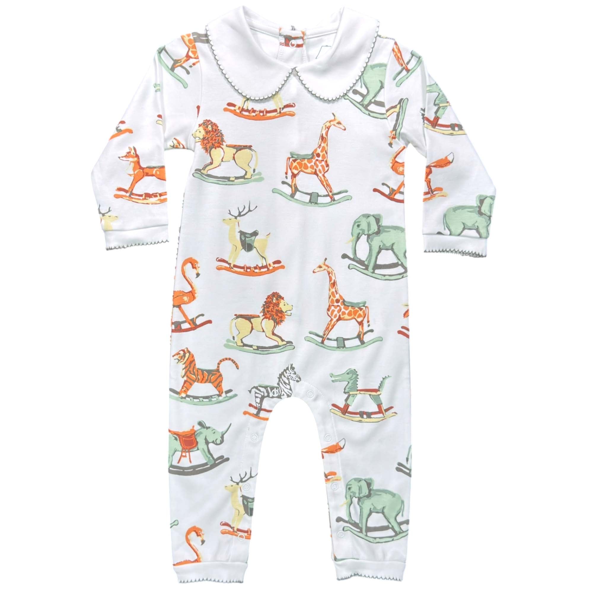Baby onesie with animal pattern on a white background