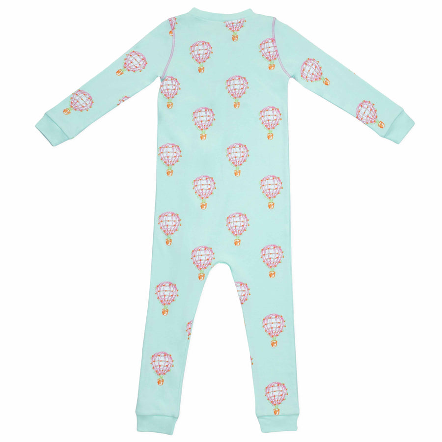 pink zippered pajama with hot air balloon pattern made in pima cotton - back view