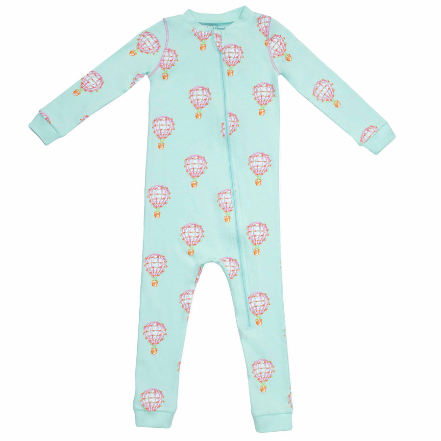 pink zippered pajama with hot air balloon pattern made in pima cotton
