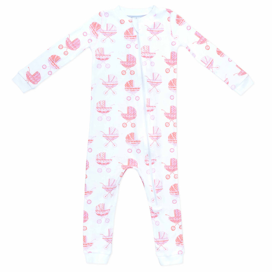 White zippered pajama with vintage baby carriage pattern made in pima cotton