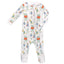 Children's footie pajama with colorful animal pattern playing sports on a white background
