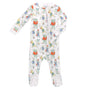 Children's footie pajama with colorful animal pattern playing sports on a white background