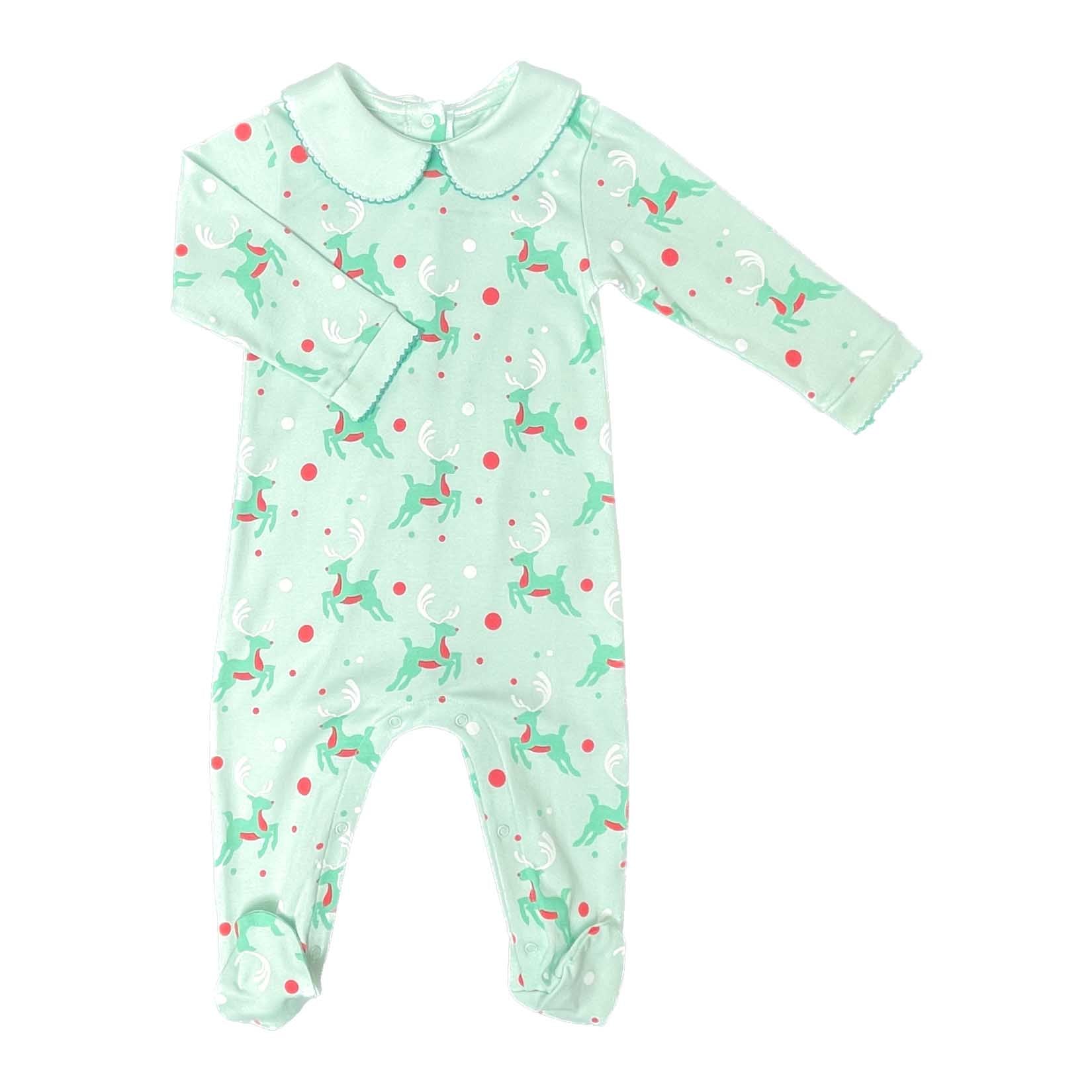 boys playsuit with retro reindeer print with beautiful picot on collar and sleeves