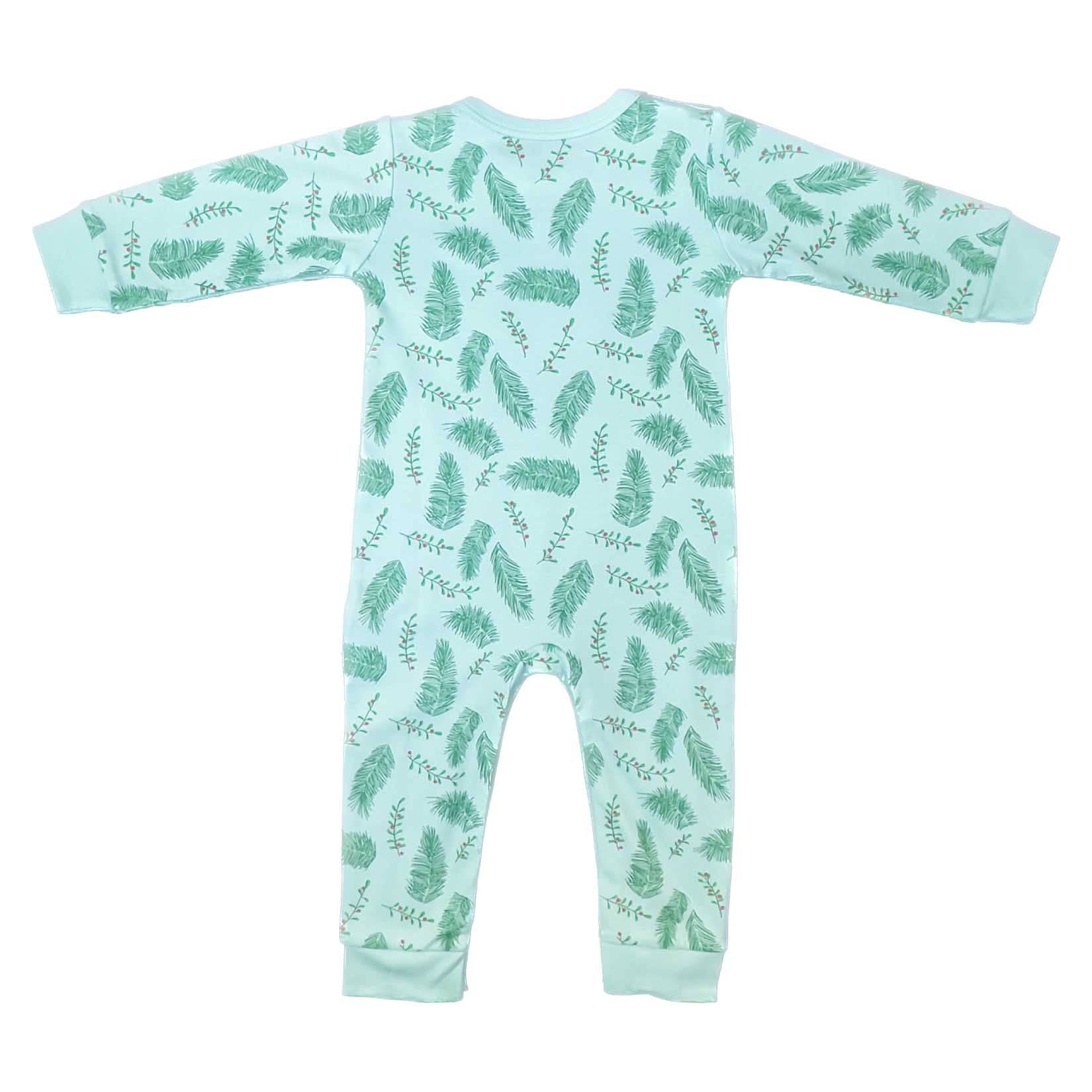 Back of Heyward House long sleeve romper with holly and pine pattern with vintage blue tint background made of Pima