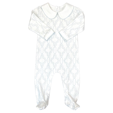 Blue Lattice Boys Playsuit in Lattice Pattern with Peter Pan Collar Front