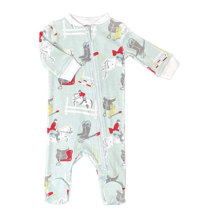 Heyward House pima cotton footed pajama with equestrian print with bright red and muted colors