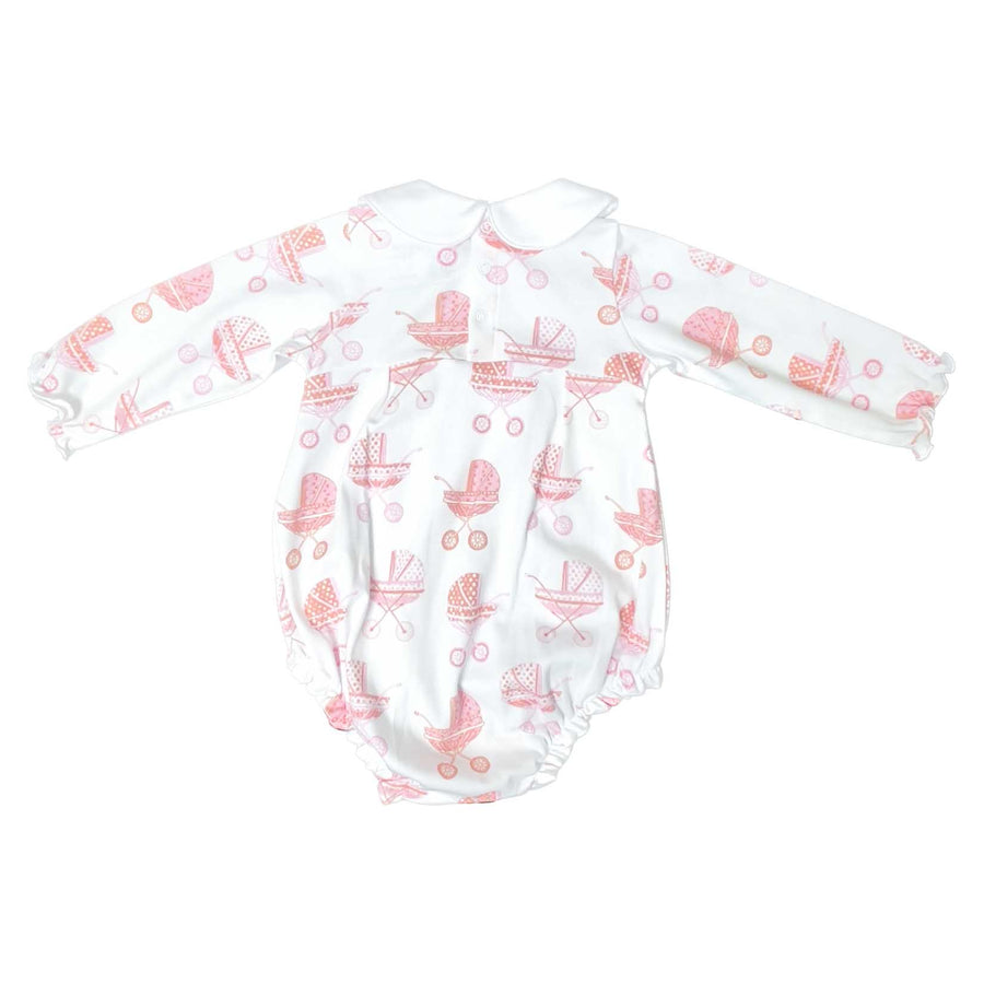 Pink Pram print on long sleeve girls pleated bubble back