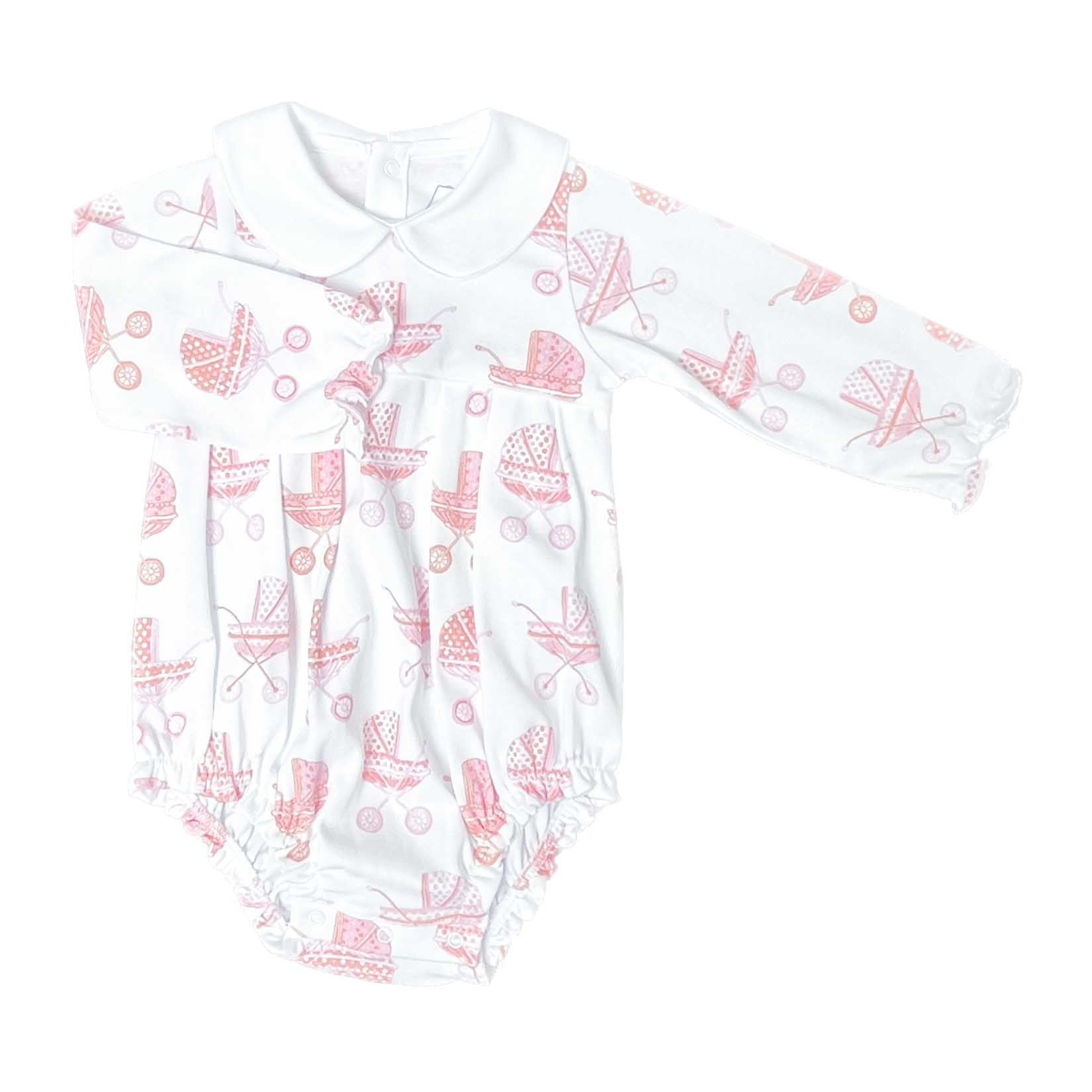 Pink Pram print on long sleeve girls pleated bubble front view
