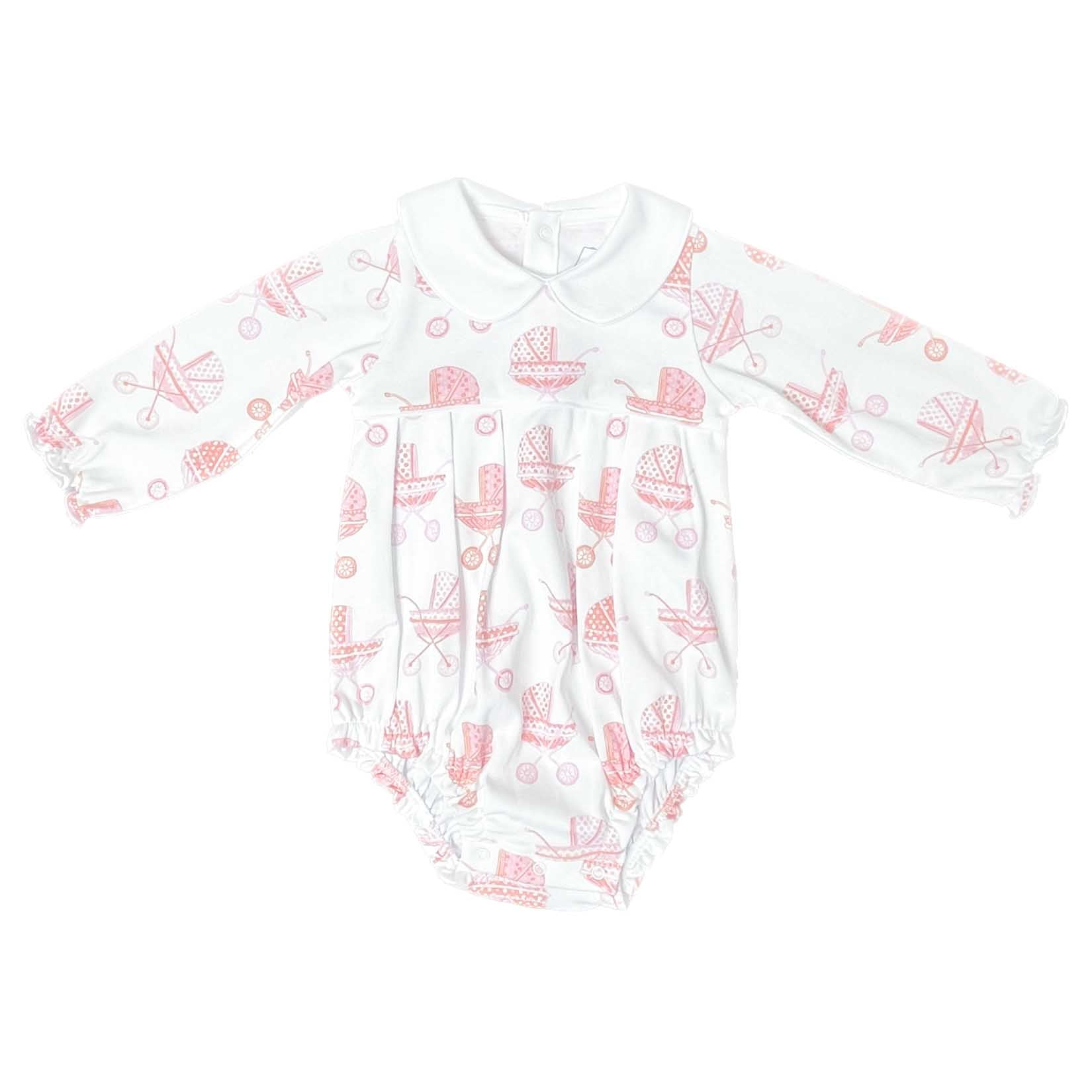 Pink Pram print on long sleeve girls pleated bubble front view spread