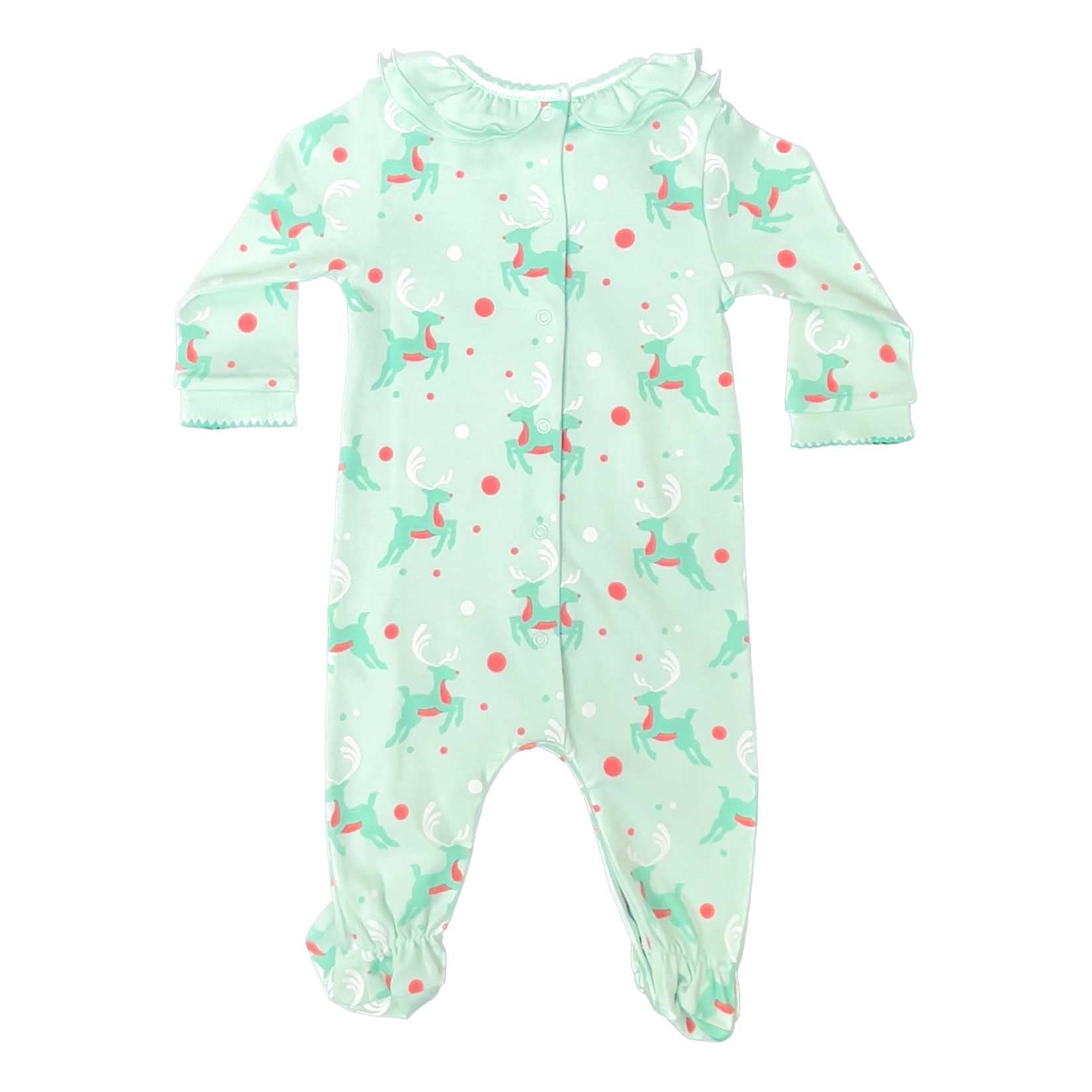 back view of girls playsuit with ruffle collar and green retro reindeer pattern in softest pima